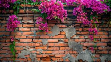 Bougainvillea flowers on a brick wall photo