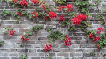 Red flowers on a brick wall photo
