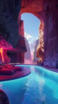 A pool in a cave with a waterfall and a rock wall photo