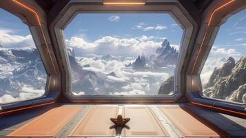 A futuristic spaceship with a window looking out over mountains photo