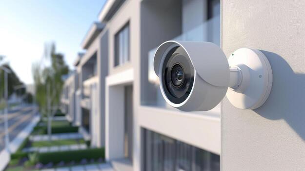 A security camera mounted on a wall outside a building photo
