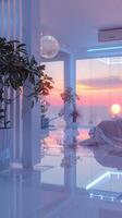 A bedroom with a large window and a large bed photo