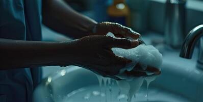 A person washing their hands in a sink photo