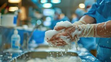 A person in blue scrub suit washing their hands photo