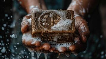 A person holding a soap bar in their hands photo
