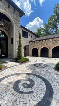 A stone driveway with a circular pattern photo