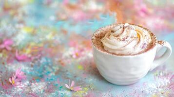 A cup of hot chocolate with whipped cream on a colorful background photo
