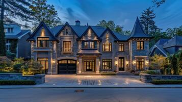 A large home with a stone exterior and a driveway photo