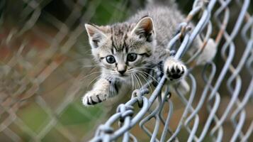 A kitten climbing over a chain link fence photo