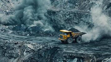 A dump truck is driving through a coal mine photo