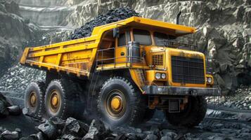 A large dump truck is driving through a rocky area photo