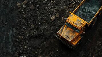 An aerial view of a dump truck in a coal mine photo