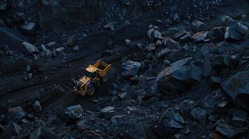 A large yellow bulldozer is driving through a rocky area photo