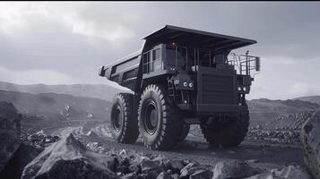 A large dump truck is driving through a rocky area photo