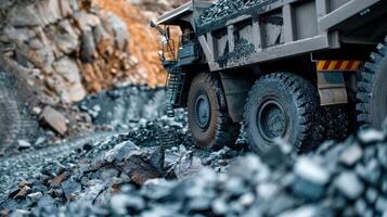 A dump truck is driving through a rocky area photo