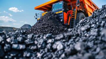 A large truck is driving through a pile of coal photo