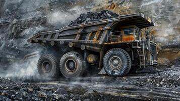 A large dump truck is driving through a coal mine photo