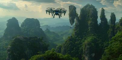 A drone flying over a mountain range with some rocks photo