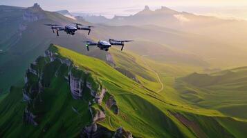 Two drones flying over a mountain range photo