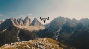 A drone flying over a mountain range photo