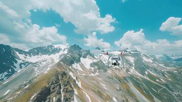 A white drone flying over a mountain range photo