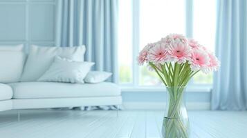 A vase with pink flowers sitting on a wooden floor photo