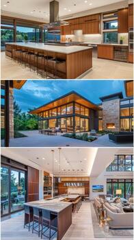 Modern kitchen and dining area with large windows photo