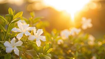 White flowers in the sun with the sun in the background photo
