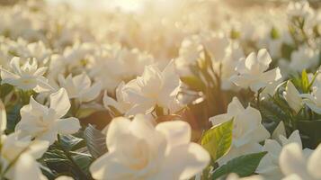 White flowers in a field with the sun shining through photo