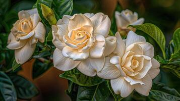 Three white flowers are on a plant photo