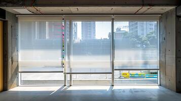 A large window with a large white curtain photo