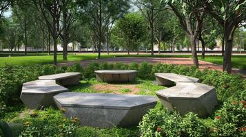 A park with concrete benches in the middle of it photo