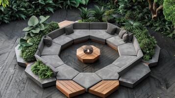 A circular seating area surrounded by plants photo