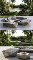 A series of images of a concrete patio with a table and chairs photo