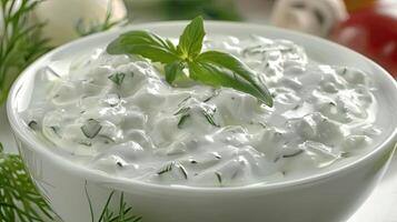 A bowl of yogurt with herbs and vegetables photo