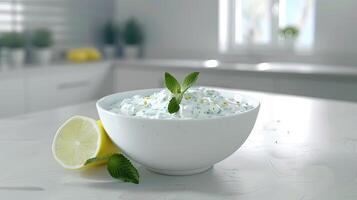 A bowl of yogurt and a lemon on a counter photo