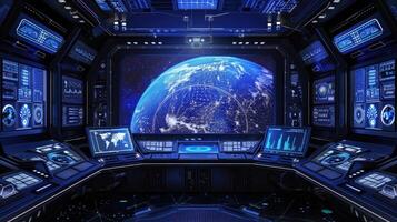 A futuristic space station with a large screen and many monitors photo