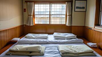 A bed with white sheets and pillows sitting in a room photo