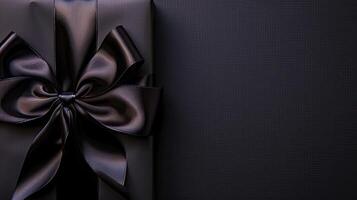 Black gift box with bow on dark background photo