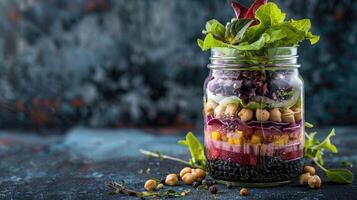 A jar filled with salad and vegetables photo