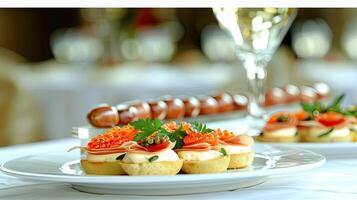 A table with a glass of wine and appetizers photo