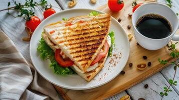 Grilled sandwich with tomato, lettuce and cheese on a white plate with coffee on a wooden table photo