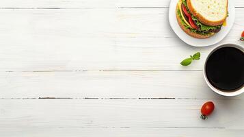Top view of sandwich and coffee on white wooden table with copy space photo