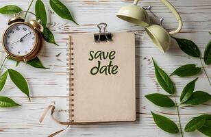 Save date text on a notepad with green leaves and an alarm clock on a white wooden background photo