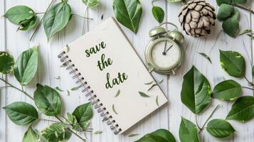Save the date with green leaves and clock on white wooden background photo