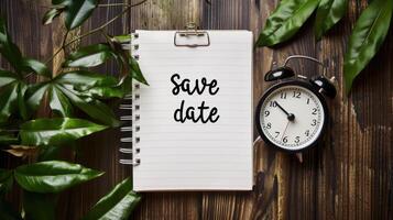 Save date on notepad with clock and green leaves photo