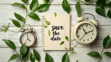 Save the date concept with clock and green leaves on white wooden background photo