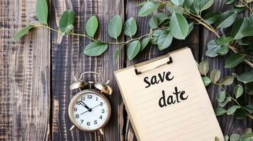 Save date on clipboard and alarm clock on wooden background photo