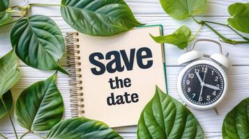 Save the date text on notebook with green leaves and alarm clock on white wooden background photo