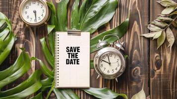 Save the date text on a clipboard and a clock on a wooden background photo